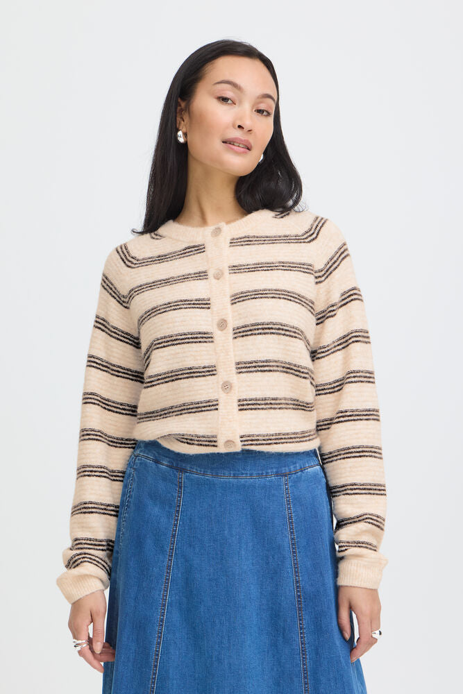 This striped cardigan from FRANSA features a straight fit with a soft textured finish. Designed with a classic crew neckline, long sleeves, and front button closure, it sits at waist length for a refined and easygoing silhouette.