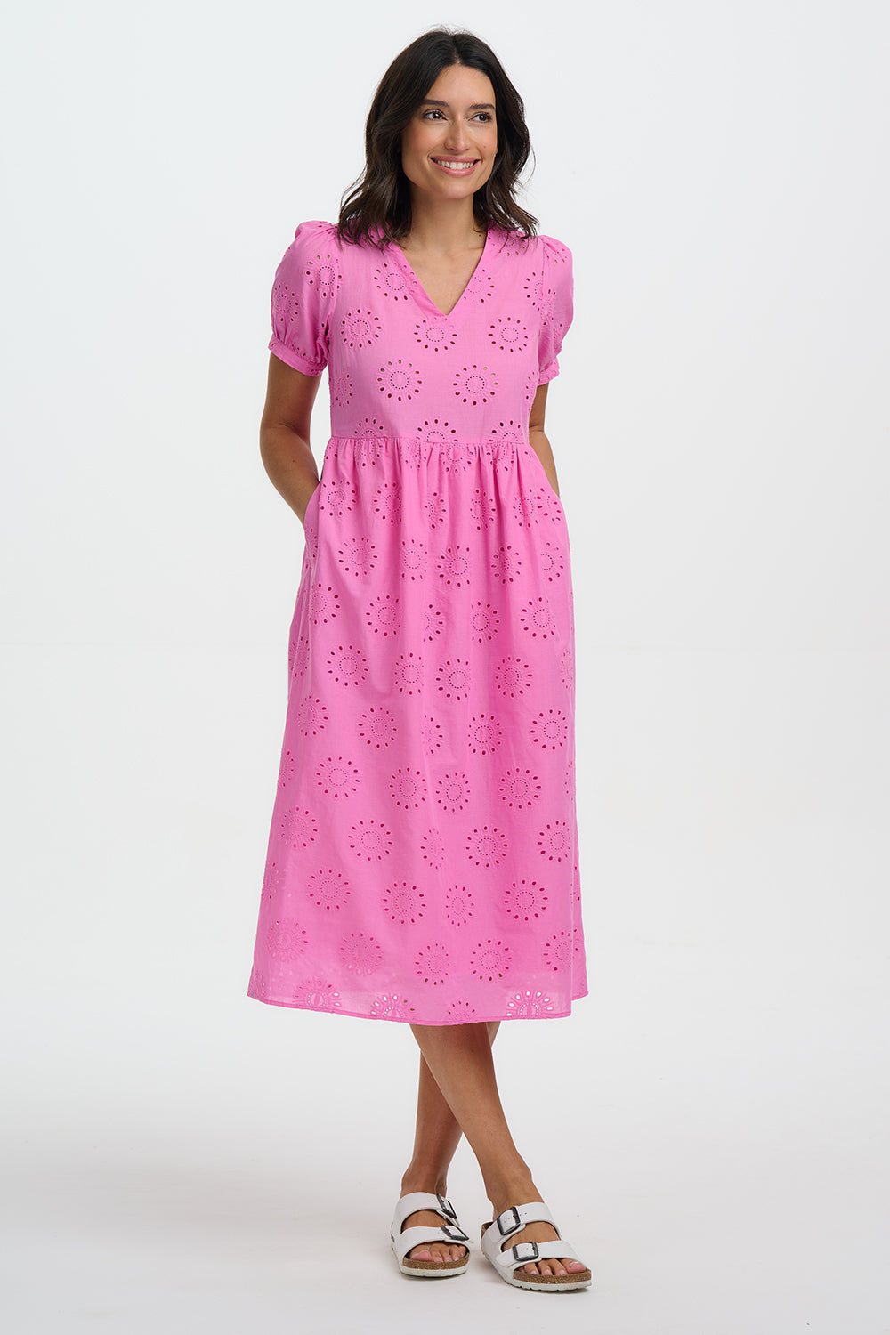 Sun-drenched and utterly carefree, the Kim Broderie Anglaise Midi Smock Dress from SUGARHILL is everything a summer dress should be. Cut in a relaxed, flowing smock silhouette from delicate broderie anglaise cotton, this pink beauty is covered in the same gorgeous circular sunburst cutwork