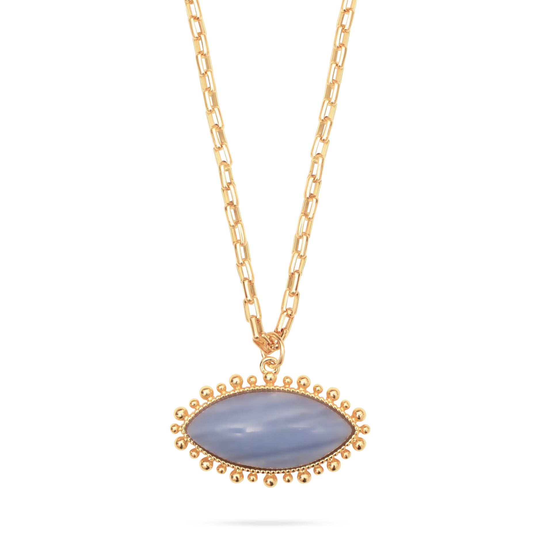 Ward off negativity and bad intentions in style with the Blue Lace Eye Pendant Necklace.
This TALIS CHAINS signature pendant is perfect for wearing solo or layering into your daily “neck mess”. Add it to your jewellery collection to effortlessly elevate your everyday look. If you are looking to add further colour and texture to your neck stack, layer with the matching Tokyo Choker in Blue Lace.