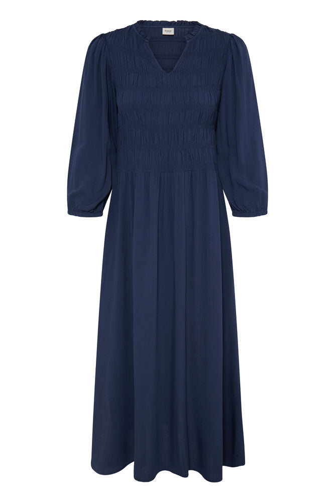 Midi dress from FRANSA with a gently fitted silhouette, subtle gathered bodice and flowy skirt. Features a V-neckline, three-quarter sleeves, and softly textured finish.