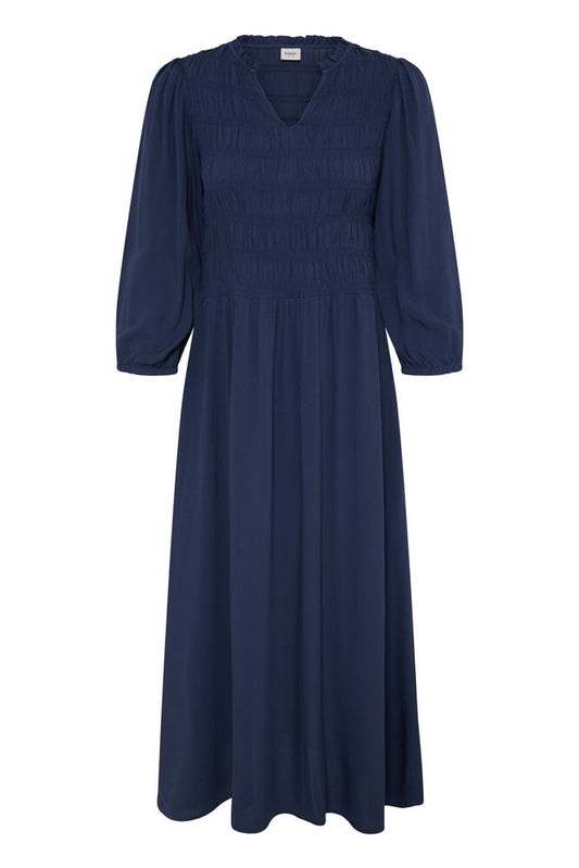 Midi dress from FRANSA with a gently fitted silhouette, subtle gathered bodice and flowy skirt. Features a V-neckline, three-quarter sleeves, and softly textured finish.
