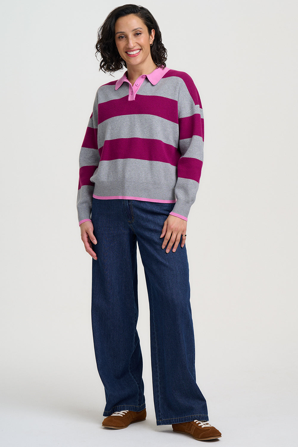 SUGARHILL "Lana Henley Jumper" (Grey Marl & Dark Magenta)
