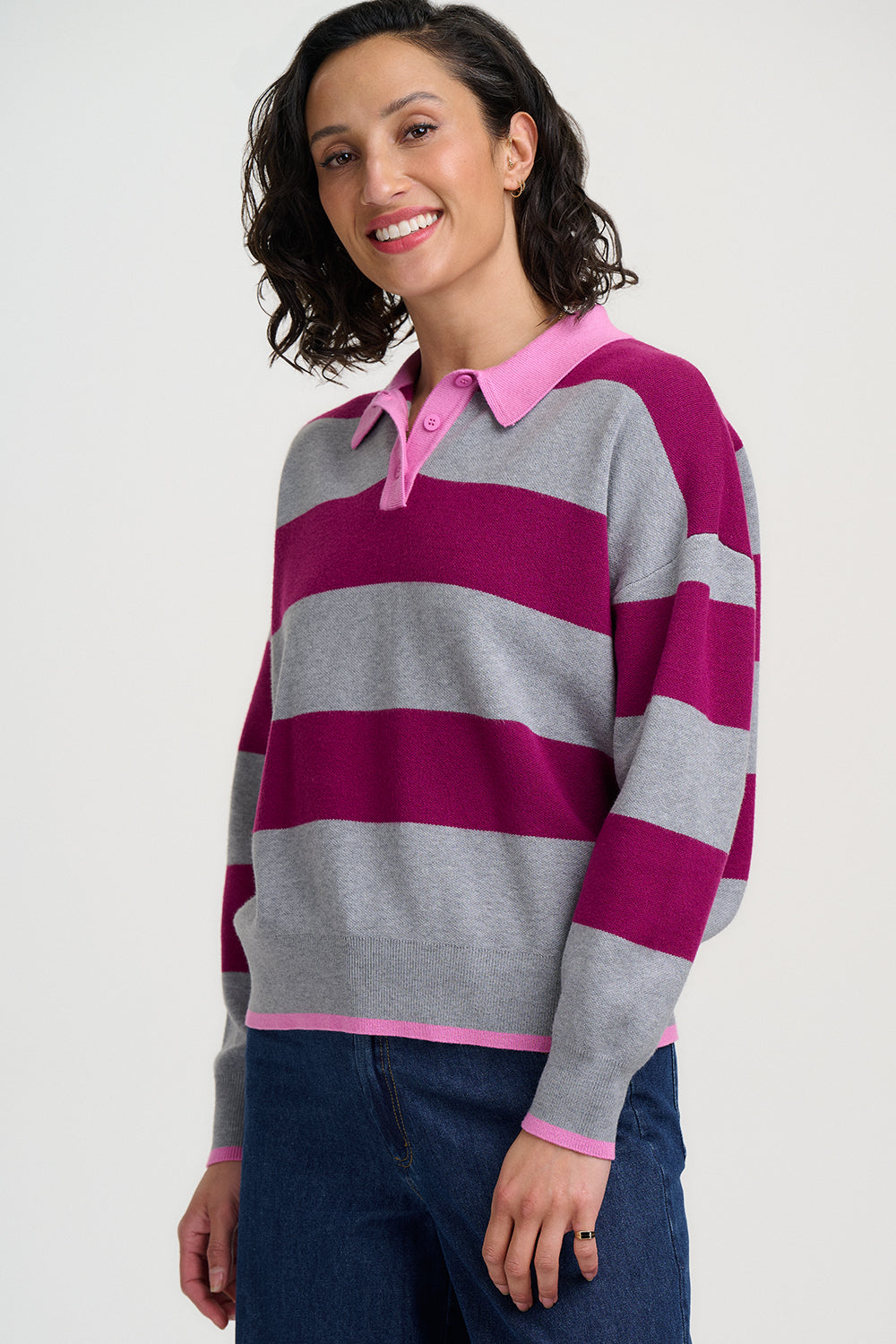SUGARHILL "Lana Henley Jumper" (Grey Marl & Dark Magenta)