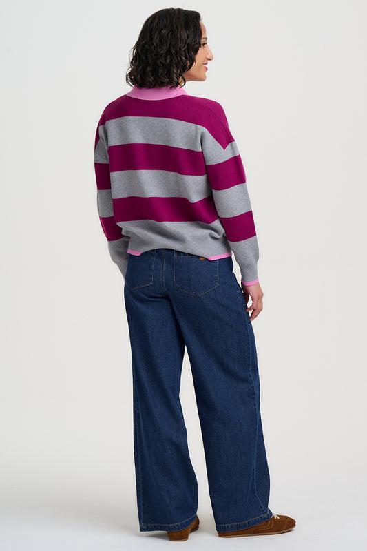 SUGARHILL "Lana Henley Jumper" (Grey Marl & Dark Magenta)