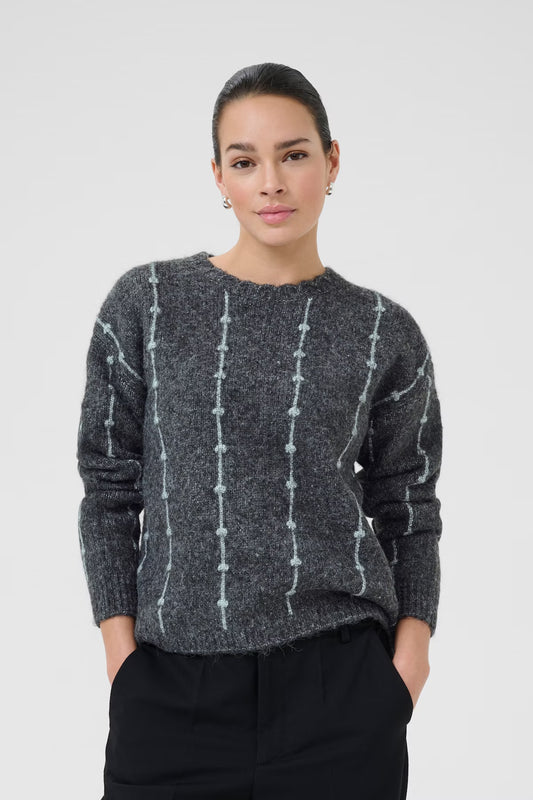 This women's pullover sweater from KAFFE offers a relaxed fit and cozy comfort, featuring a classic crew neckline, long sleeves, and subtle vertical textured detailing. Designed for everyday versatility and ease of movement.