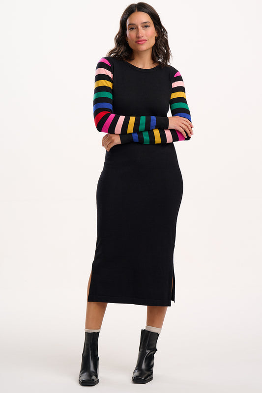SUGARHILL "Liselle Knit Midi Dress" (Black Rainbow Sleeves)