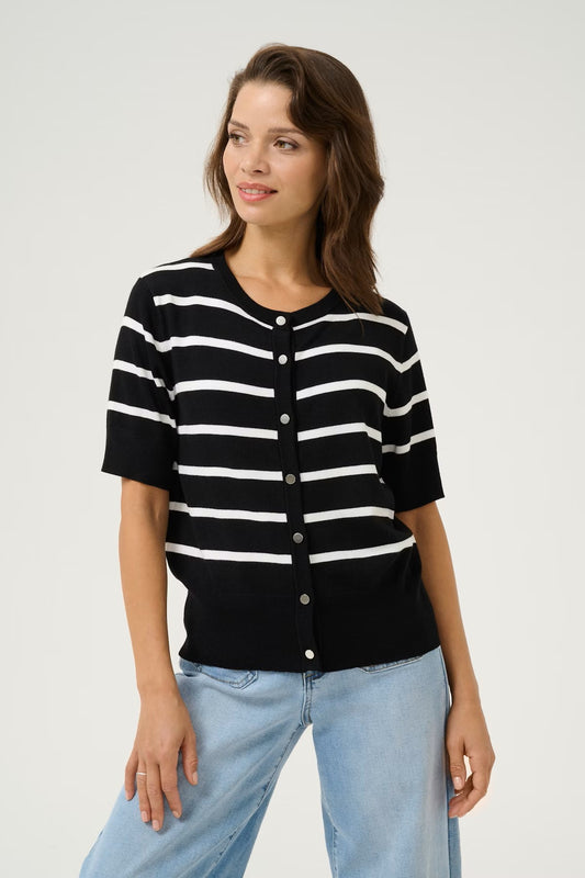 A great short cardigan from Scandi brand KAFFE. A round neck piece with ribbed cuffs and hem. A great monochrome stripe. Silver coloured metallic buttons to fasten. A great wardrobe staple in a super soft knit. Fits true to size.