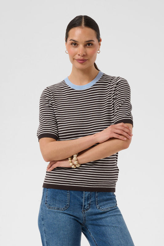 The Kaffe Lizza Narrow Striped Pullover puts a fresh spin on a timeless classic. Featuring narrow Breton-inspired stripes, a contrasting crew neckline and short sleeves, this fine-knit style offers a flattering fit that's easy to dress up or down.