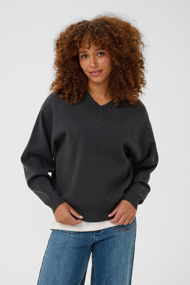 This super cosy jumper from Scandi brand KAFFE is perfect for those who cannot wear wool products. The boxy style is super on trend with a thick V neck and ribbed hem and cuffs. The fit is oversized.