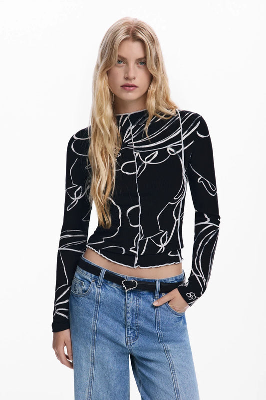 Ribbed long-sleeve T-shirt from Spanish brand DESIGUAL with a slightly raised neck, featuring contrasting rib seam details and a print of flower and vase silhouettes. The fit is neat.