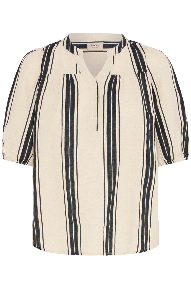Striped blouse from FRANSA with relaxed fit features a split neckline, short puffed sleeves, and a soft textured finish. Vertical stripes elongate the silhouette for a modern statement look.