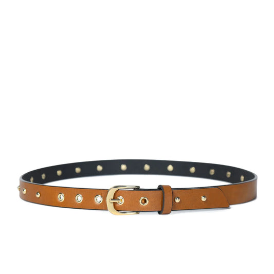 Hand made in our caramel waxy nappa leather with full leather lining, gold colour buckle, domed studs and added eyelets, our Mahi leather belt has been sized to fit as a jeans belt. 