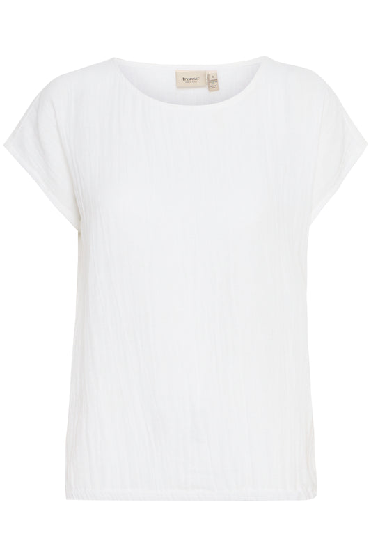 A great wardrobe basic form FRANSA. A simple round neck blouse with cap sleeves and an elasticated hem for a great fit. The fit is true to size.