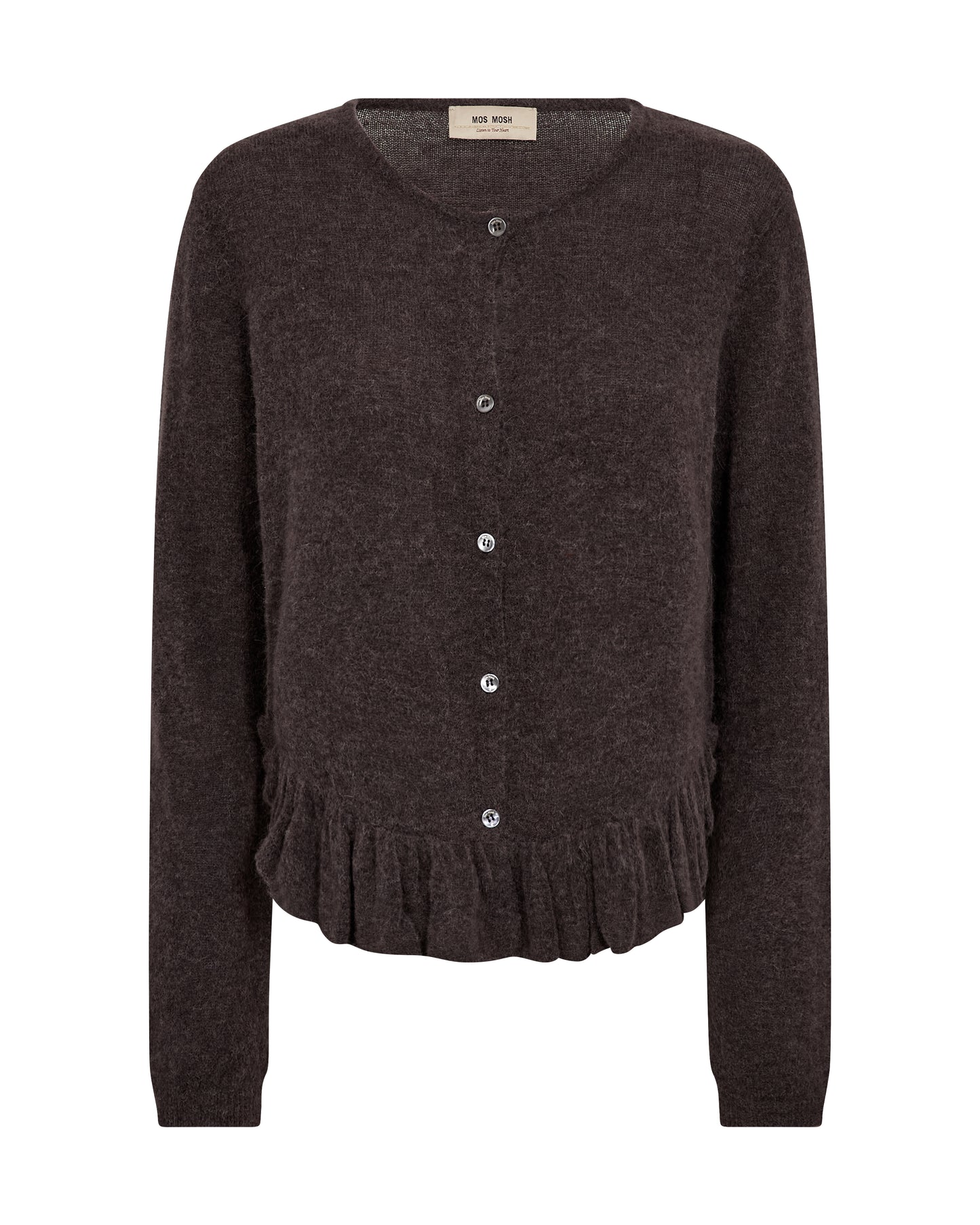 This cardigan i from MOS MOSH is crafted from a soft and lightweight quality with a regular fit that drapes beautifully on the body. The round neckline, delicate button closure, and subtle frill hem add a feminine and elegant touch. Perfect as a light layer over tops and dresses for a romantic everyday look.