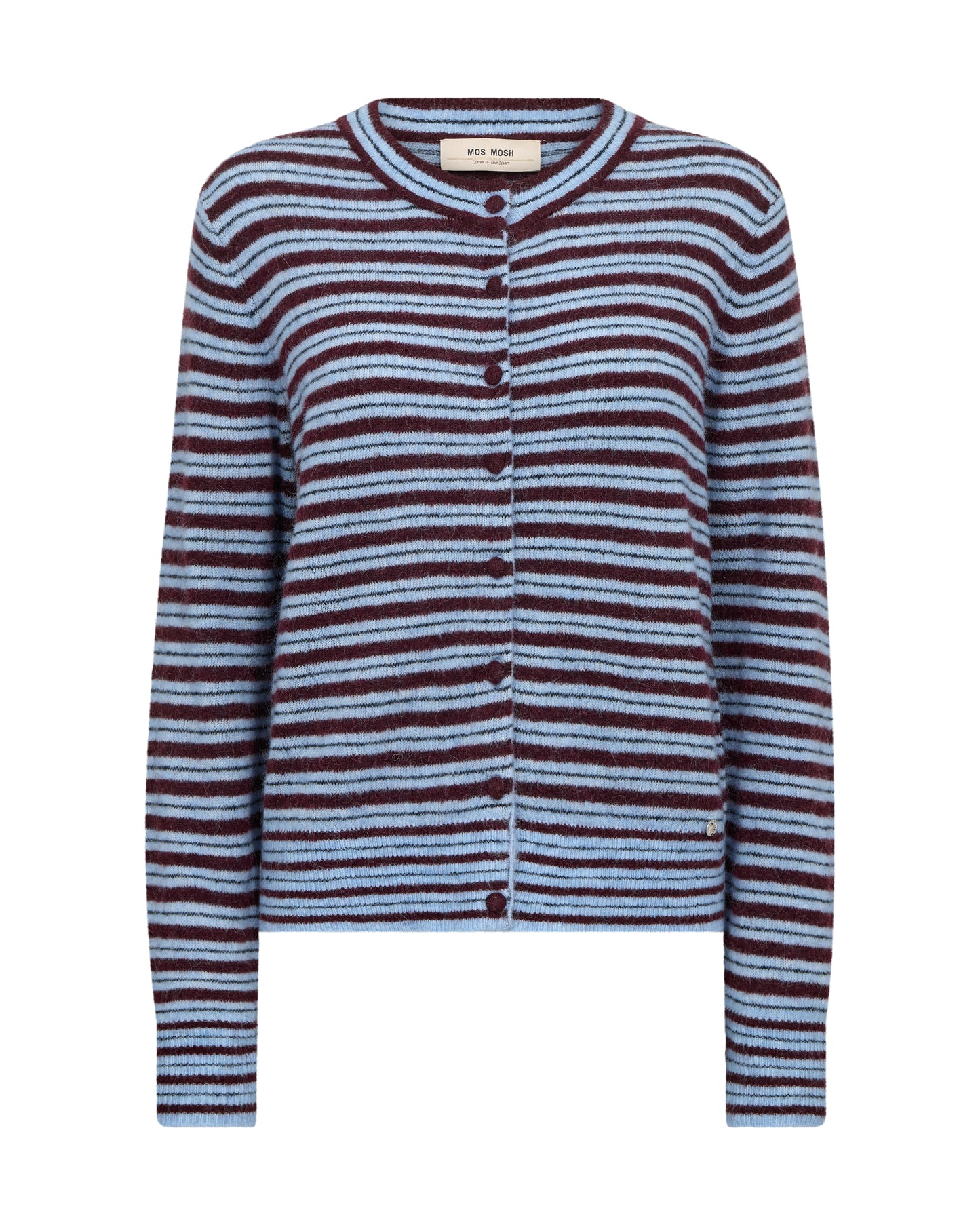 Add a cosy pop of colour to your knitwear collection with the Mos Mosh MMMilvi Stripe Cardigan. Featuring classic blue and burgundy stripes, this beautifully soft cardigan is the perfect layering piece for cooler days.