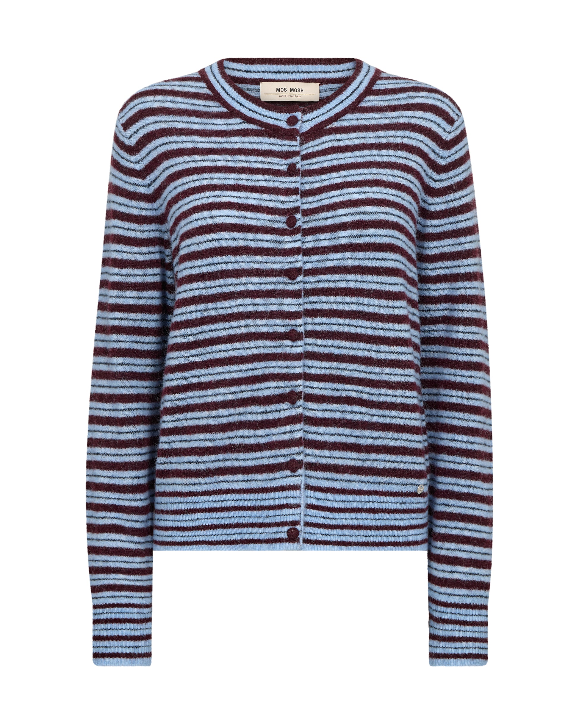 Add a cosy pop of colour to your knitwear collection with the Mos Mosh MMMilvi Stripe Cardigan. Featuring classic blue and burgundy stripes, this beautifully soft cardigan is the perfect layering piece for cooler days.