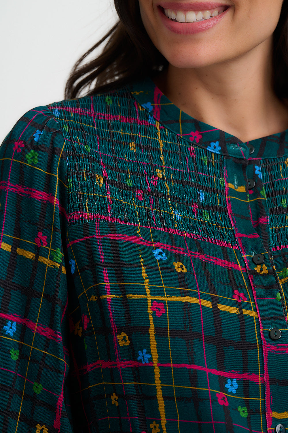 SUGARHILL "Mina Shirred Blouse" (Doodle Check)