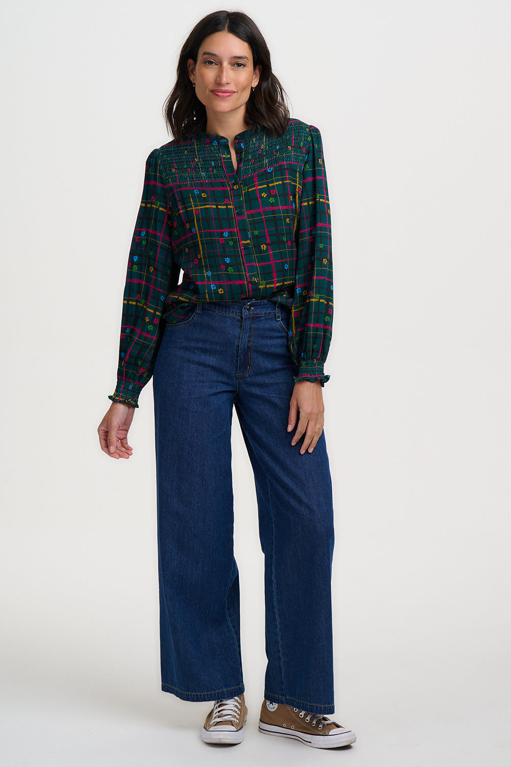 SUGARHILL "Mina Shirred Blouse" (Doodle Check)