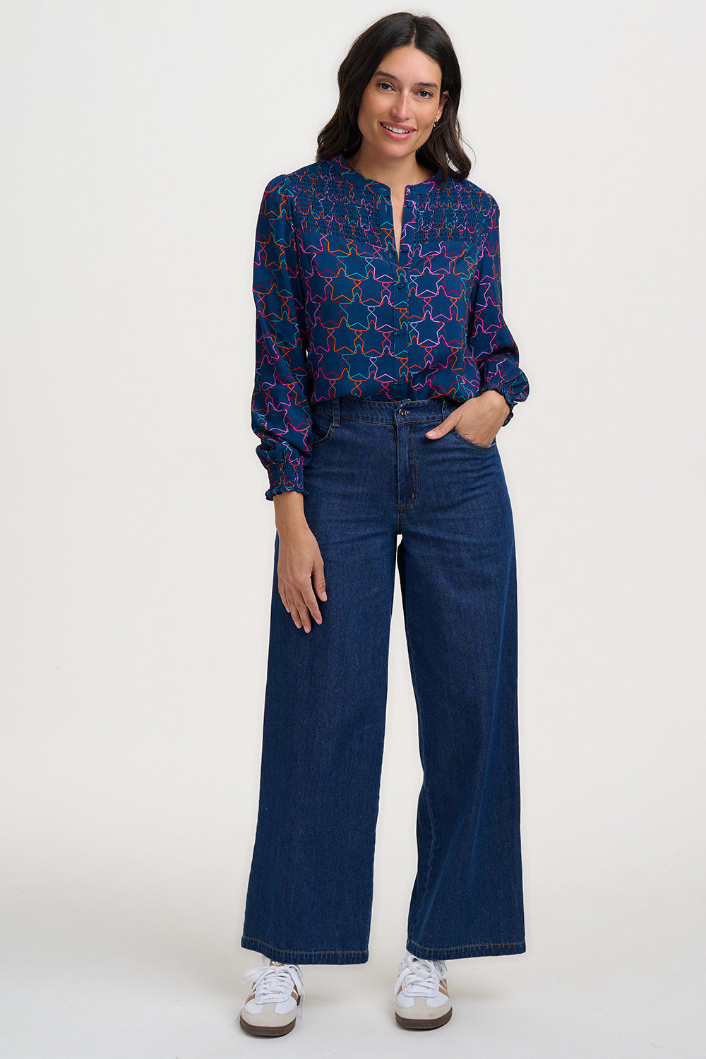SUGARHILL "Mina Shirred Blouse" (Teal Stars)