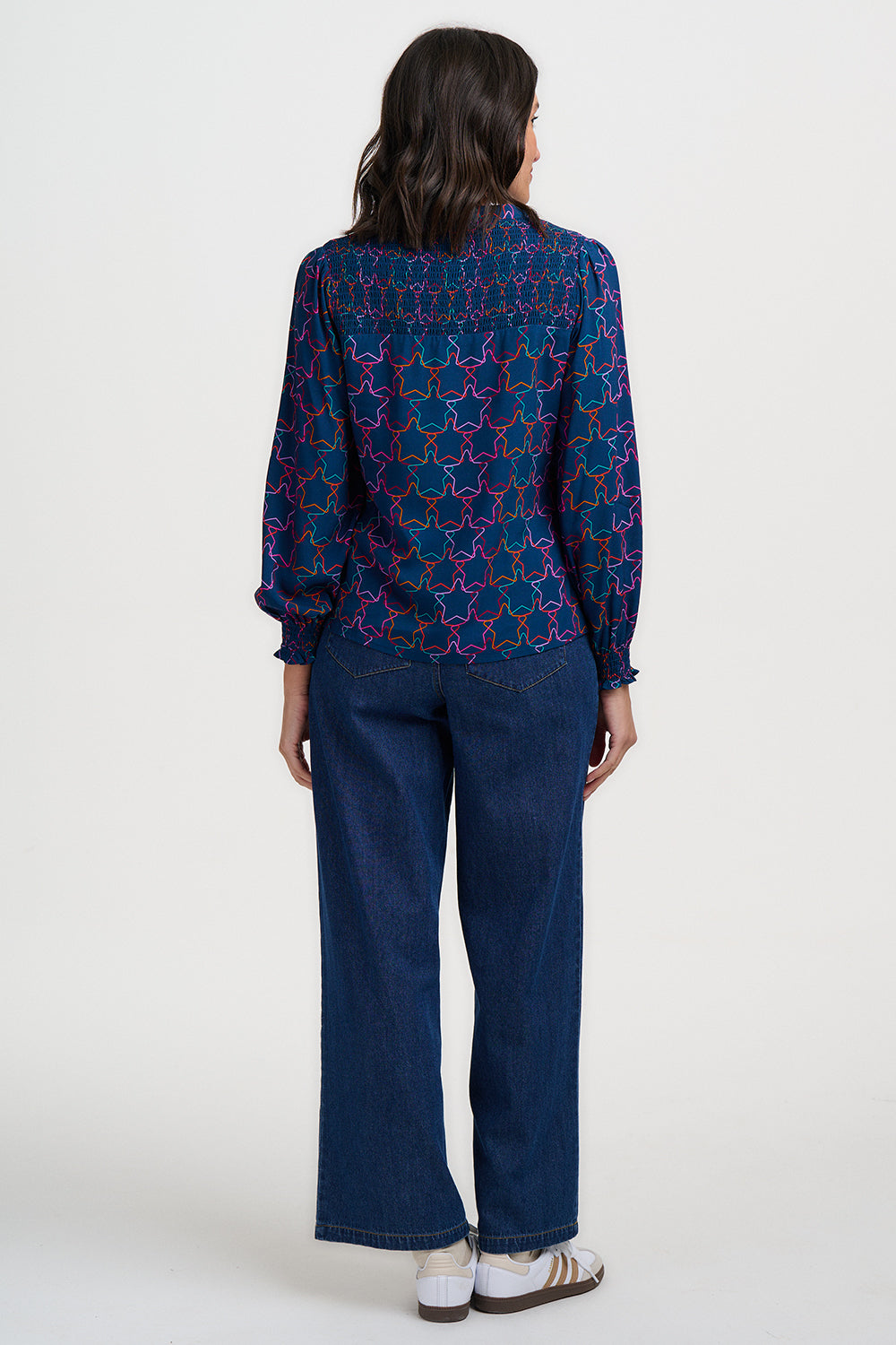 SUGARHILL "Mina Shirred Blouse" (Teal Stars)