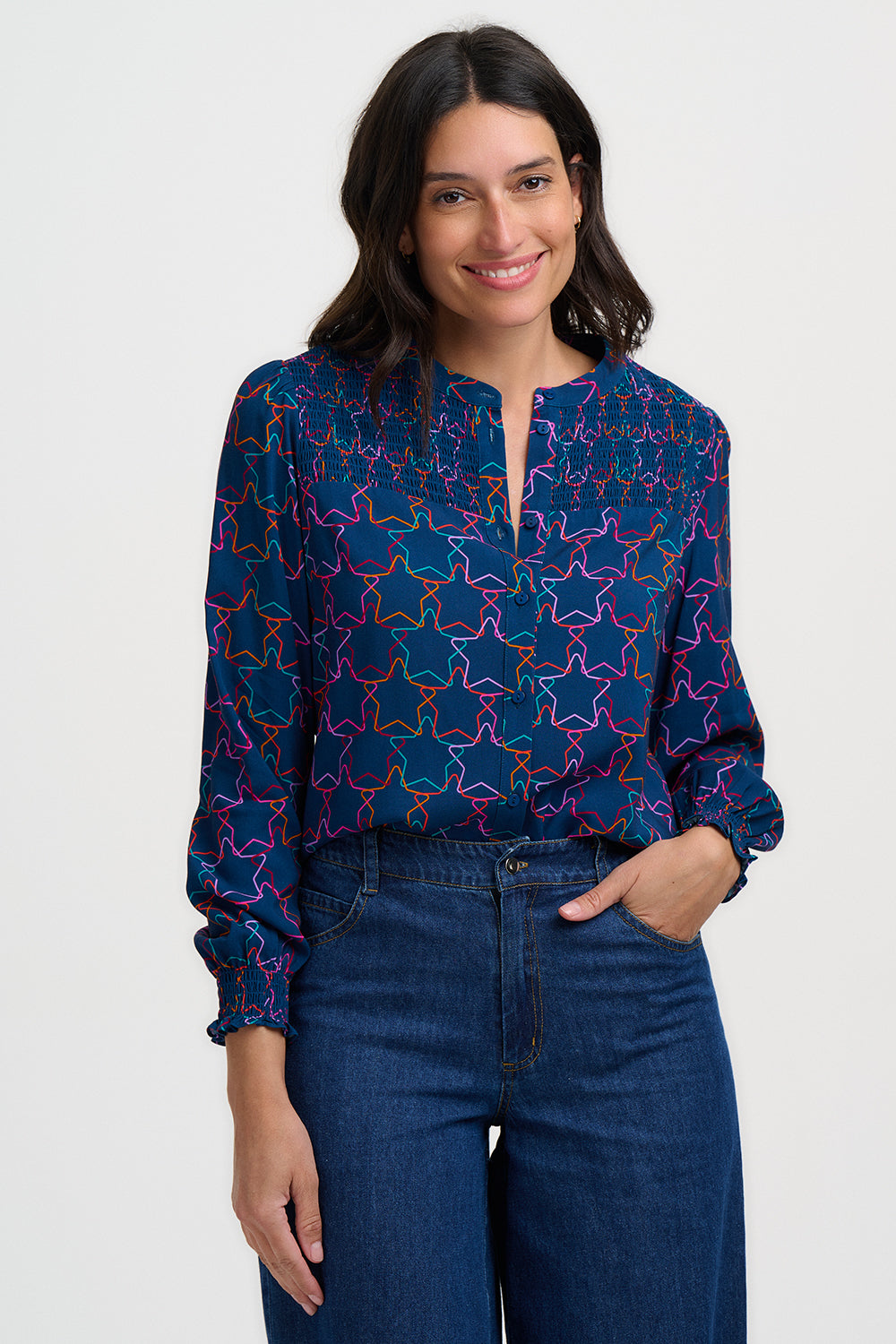 SUGARHILL "Mina Shirred Blouse" (Teal Stars)