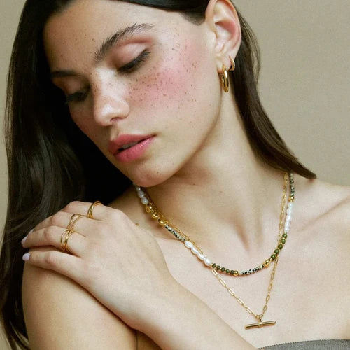 ORELIA "ORE40528 Moss Semi Precious & Pearl Necklace"