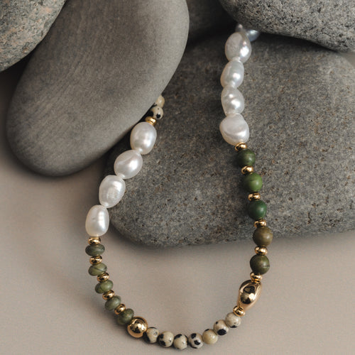 The Mixed Semi-Precious &amp; Pearl Beaded Necklace from ORELIA combines natural textures and tonal contrast that that breaks up polished gold chains with ease.