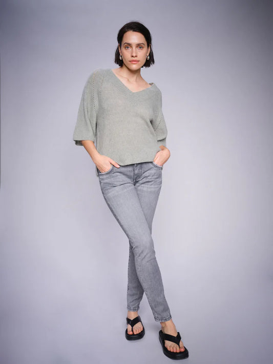 super soft alpaca and wool mix jumper . Boxy fit V neck with three quarter length sleeves