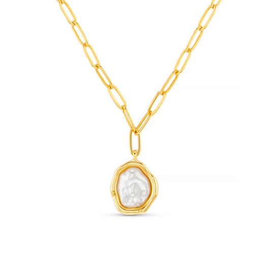 The Organic Molten Pearl Pendant Necklace from ORELIA showcases a stunning, asymmetrical faux pearl pendant with a molten, textured design set on a chain.