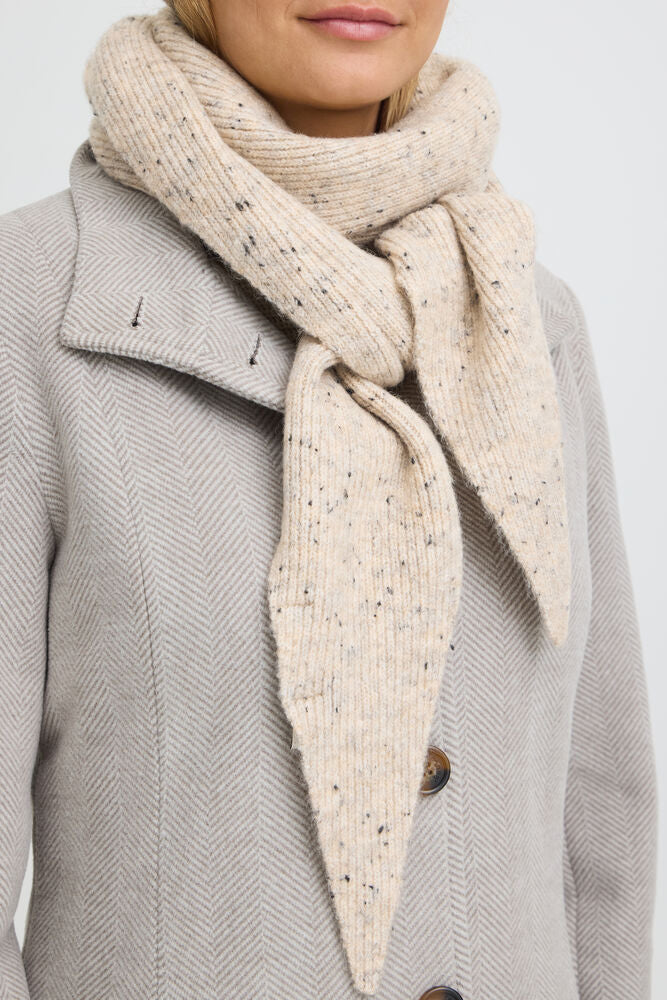 Ribbed knit scarf from Scandi brand FRANSA with a soft finish features a subtly speckled texture and tapered ends. Its medium width and flexible structure allow versatile styling options for a modern, laid-back look.