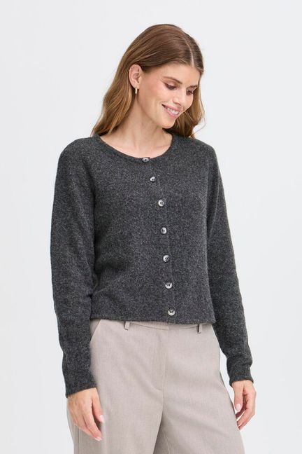 A classic round neck knitted cardigan in classic grey from Scandi brand FRANSA. This simple piece will work hard in any winter wardrobe. Long sleeves with a ribbed cuff and contrasting buttons at the front. The fit is true to size.