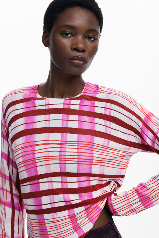 Fine long-sleeve sweater from Spanish brand DESIGUAL with a round neck and mikado-style horizontal and vertical stripe print.