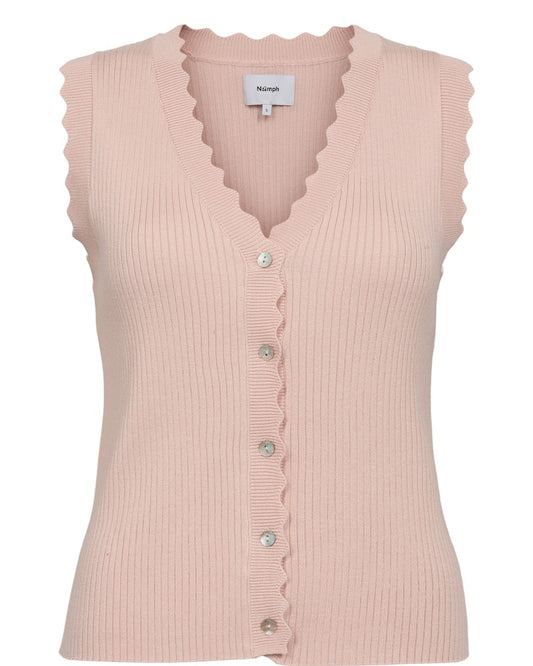 This beautiful feminine piece from Scandi brand NUMPH is fantastic with washed denim. A light ribbed waistcoat with scalloped edges around the arms and neckline. It has a V neck and buttons at the front with contrasting buttons.