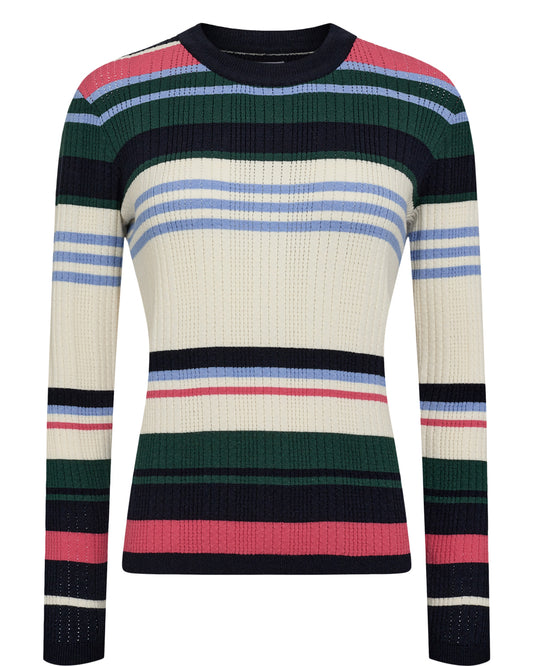 This super soft round neck finer knit from Scandi brand NUMPH is a great wardrobe staple. The round neck knit has long sleeves and is a textured fabric. Super soft to the touch this is a great layering piece under a jacket. The vibrant colour combination makes this very versatile. The fit is true to size.