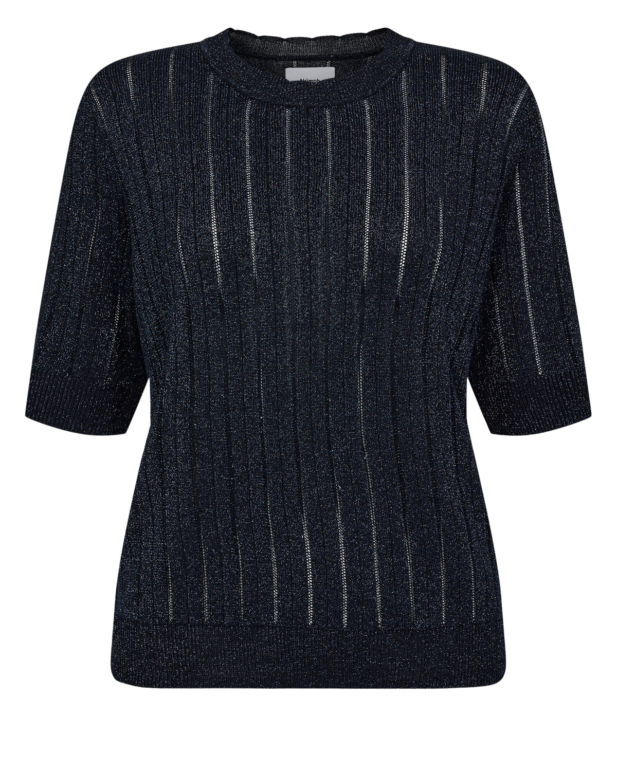This great little knitted top is from our favourite Scandi brand NUMPH. In a classic navy this textured short sleeved jumper has short sleeves. There is a metallic navy thread throughout making this a perfect piece to go day to night. Wear with denim for a cool look. The fit is boxy.