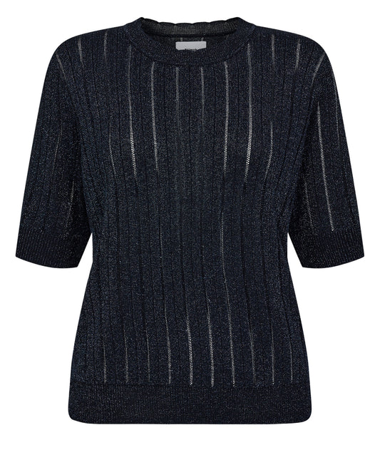 This great little knitted top is from our favourite Scandi brand NUMPH. In a classic navy this textured short sleeved jumper has short sleeves. There is a metallic navy thread throughout making this a perfect piece to go day to night. Wear with denim for a cool look. The fit is boxy.