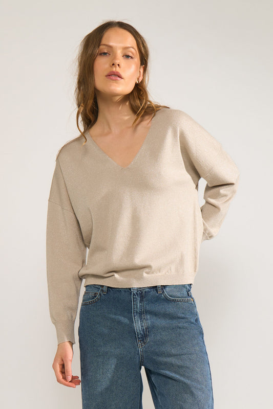 NUMPH "NUDayletta Lurex V Neck Pullover" ( Whitecap Gray) - ClobR