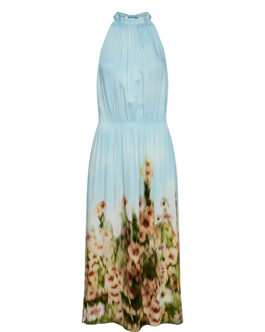 A beautiful summer piece from Scandi brand NUMPH which will work hard in your wardrobe for both dressing up for a Summer party or worn casually for a Summer BBQ.&nbsp;The halter neck dress is in a stunning blue with a yellow floral print around the bottom. With an elasticated waist this flatters the figure . A longer Midi length piece which fits true to size.