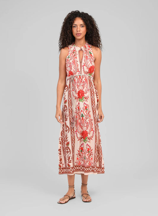 Effortlessly elegant and wonderfully easy to wear, the Olucia Dress from An'ge is a timeless piece designed for warm-weather styling. Showcasing a beautiful print in rich earthy tones set against a soft cream background, this feminine midi dress offers a sophisticated look that's perfect for both everyday wear and special occasions.
