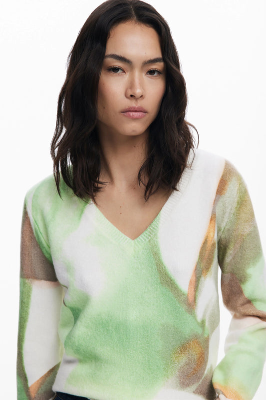 Soft-touch sweater from Spanish brand DESIGUAL, long-sleeved with a V-neck and watercolor effect colorful print. The fit is true to size.