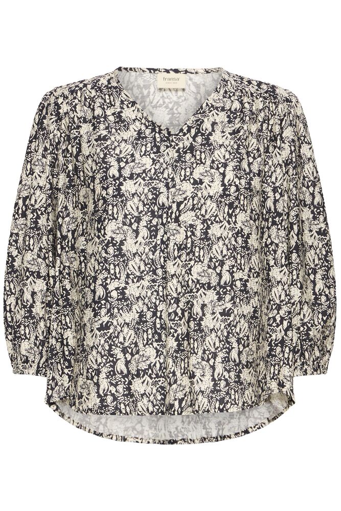 This v-neck blouse from FRANSA features a straight, relaxed silhouette with cropped, gently puffed sleeves and an airy, lightweight texture. The curved hem and soft drape enhance its effortlessly cool appeal.