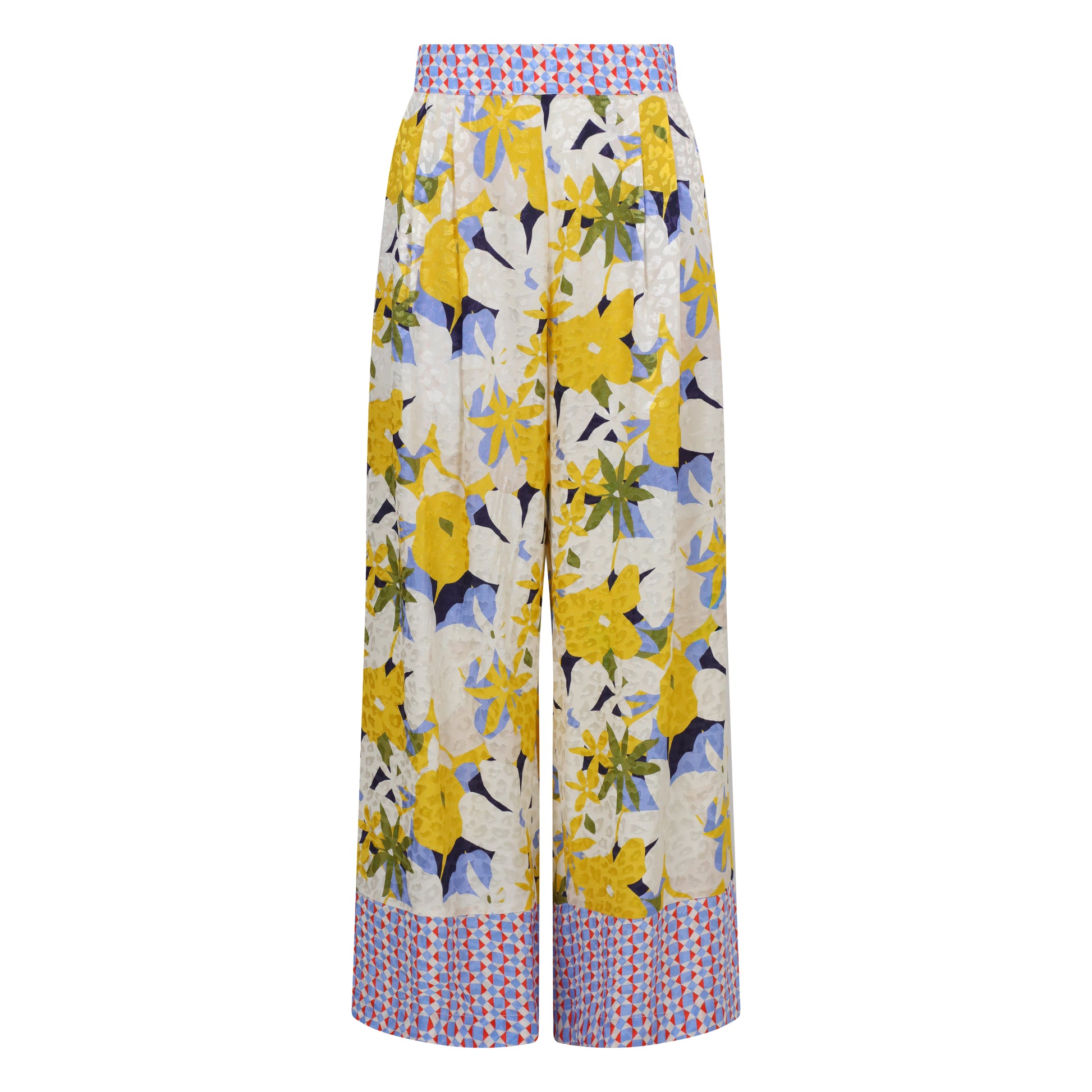 These great wide leg pull on silky feel pants from British brand ONE COLLECTIVE are a complete winner for Summer. In a vibrant navy, cream and yellow vibrant print they can be styled easily. With a half elasticated waist and darts at the front the fit is both flattering and comfortable. At the front there are the all important slanted pockets to complete the look. The fit is true to size.