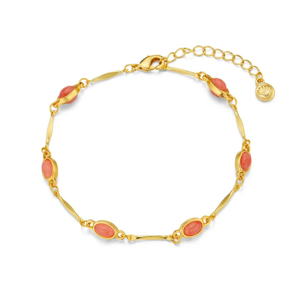 Bring a fresh pop of colour to your jewellery rotation, with the Pink Stone &amp; Bar Link Bracelet from ORELIA. Featuring polished gold bar links and a warm pink stones, this bracelet offers a delicate balance of playful colour and timeless elegance.