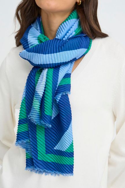 A pleated scarf from Scandi brand FRANSA in a blue and green abstract print . Made in a crinkle fabric in 100% polyester.