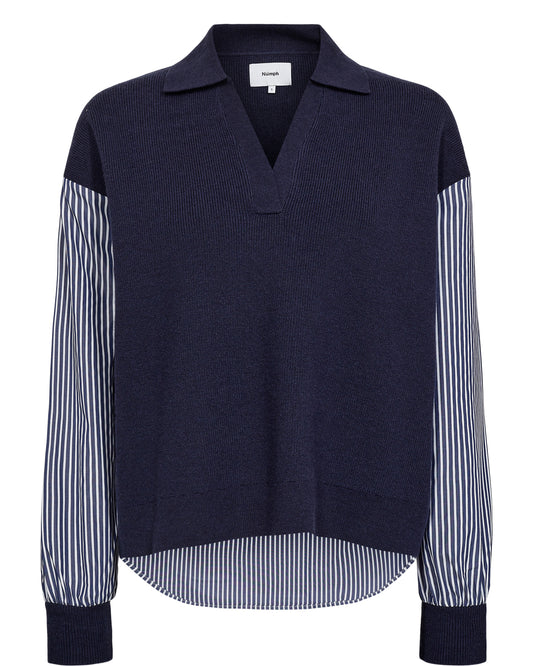 A stunning piece by NUMPH in a mix of knit and fabric. Essentially a jumper with a shirt style back and sleeves. Perfect to transition into Autumn and so very versatile. In Classic Navy and white this piece is super cool. The fit is boxy and true to 