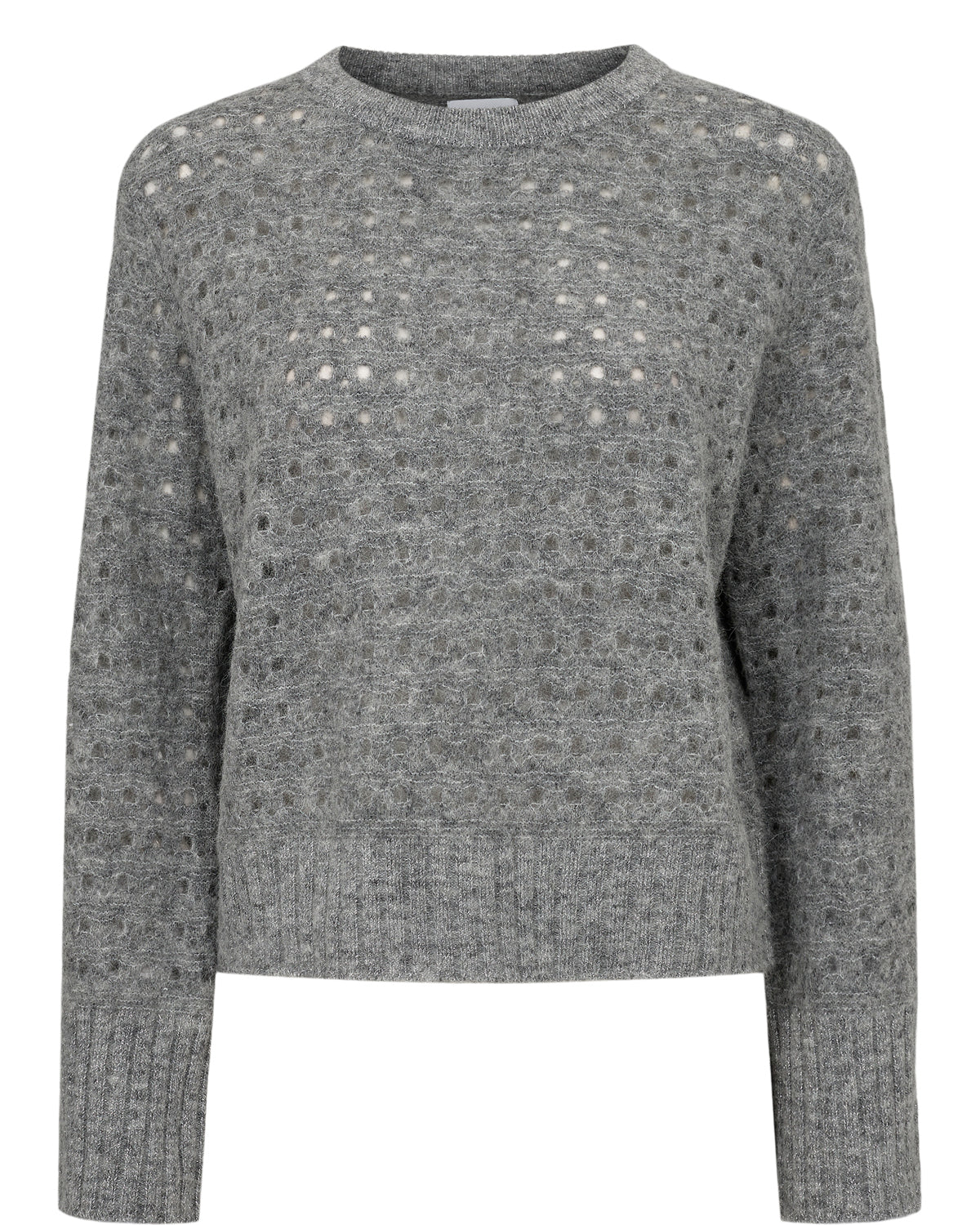 This great knit from Scandi brand NUMPH is a vibrant style that helps express you individuality and make you feel good. In a classic grey with a bit of sparkle this textured knit is a great addition to any wardrobe. The long sleeves have a wide cuff in a sparkly knit. The round neck and hem are also trimmed with the same discreet sparkle. The knit is textured and open. The fit is boxy and true to size