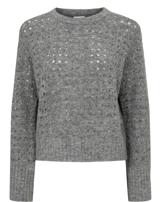 This great knit from Scandi brand NUMPH is a vibrant style that helps express you individuality and make you feel good. In a classic grey with a bit of sparkle this textured knit is a great addition to any wardrobe. The long sleeves have a wide cuff in a sparkly knit. The round neck and hem are also trimmed with the same discreet sparkle. The knit is textured and open. The fit is boxy and true to size