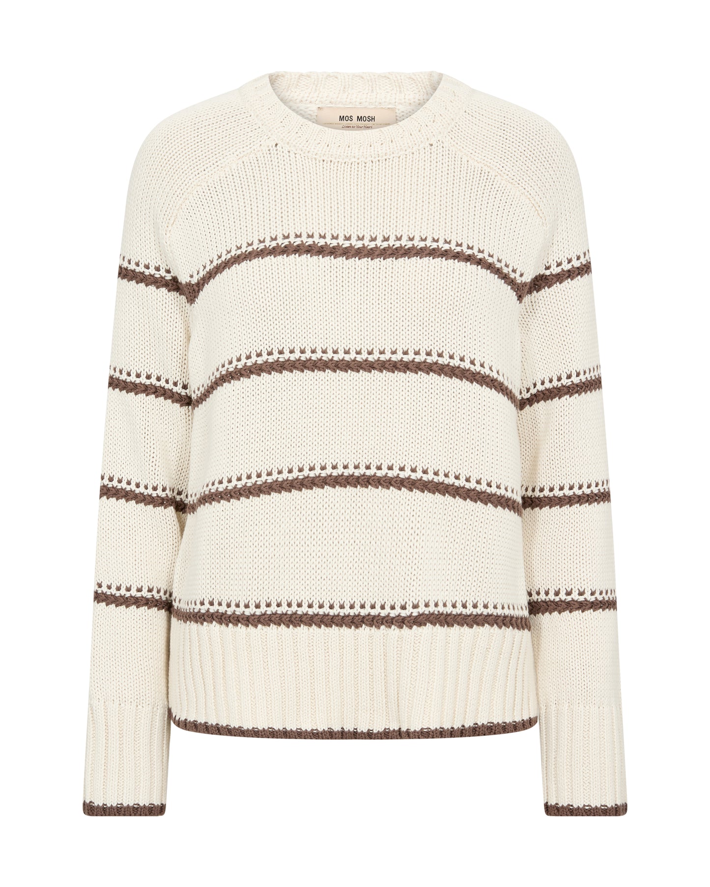 A timeless striped knit from MOS MOSH you can wear again and again. Crafted from soft organic cotton in a regular fit, featuring a classic crew neckline and ribbed trims. The contrast stripes add a fresh, nautical-inspired touch. Perfect for pairing with jeans or layered over tailored pants for a chic everyday look.