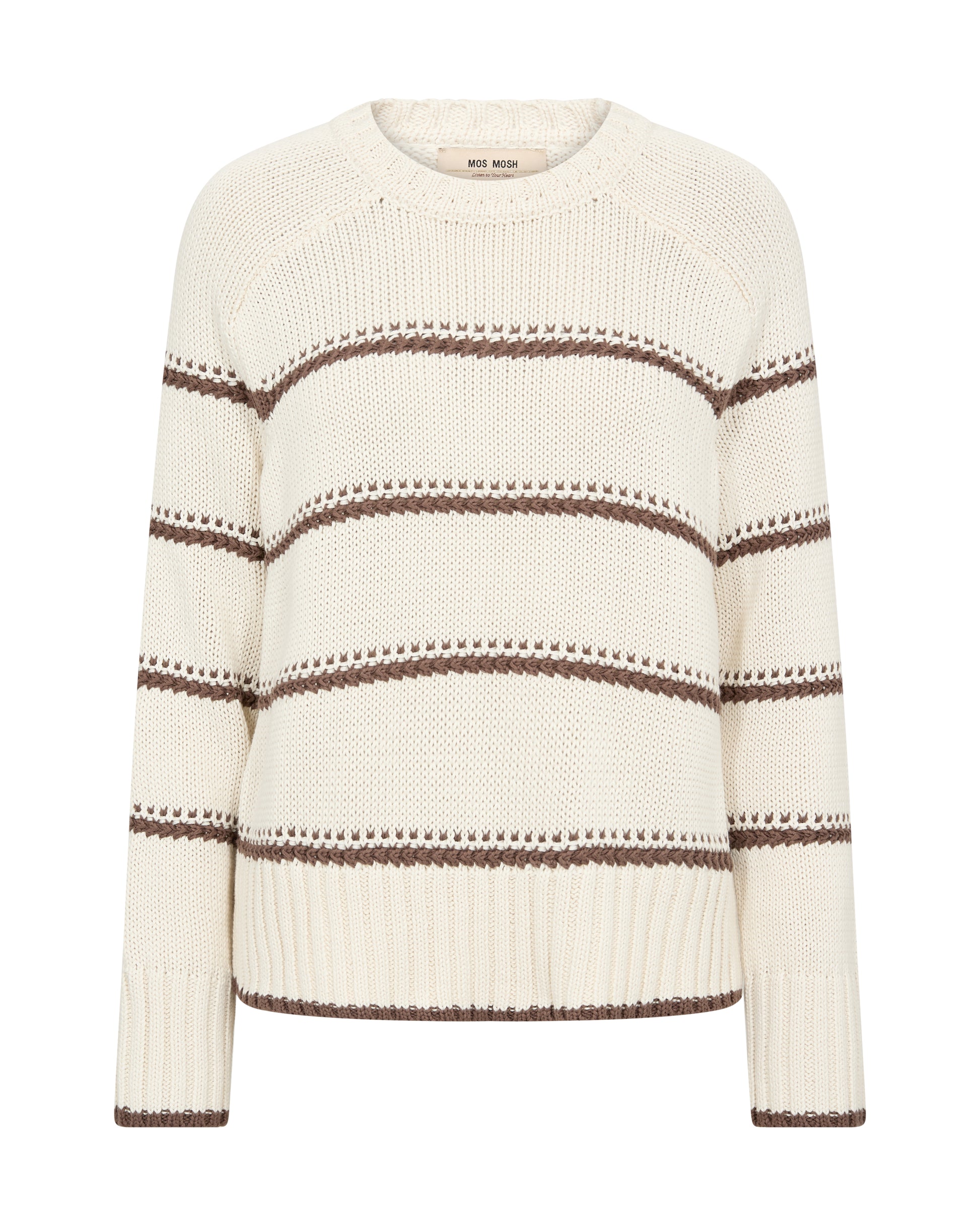 A timeless striped knit from MOS MOSH you can wear again and again. Crafted from soft organic cotton in a regular fit, featuring a classic crew neckline and ribbed trims. The contrast stripes add a fresh, nautical-inspired touch. Perfect for pairing with jeans or layered over tailored pants for a chic everyday look.