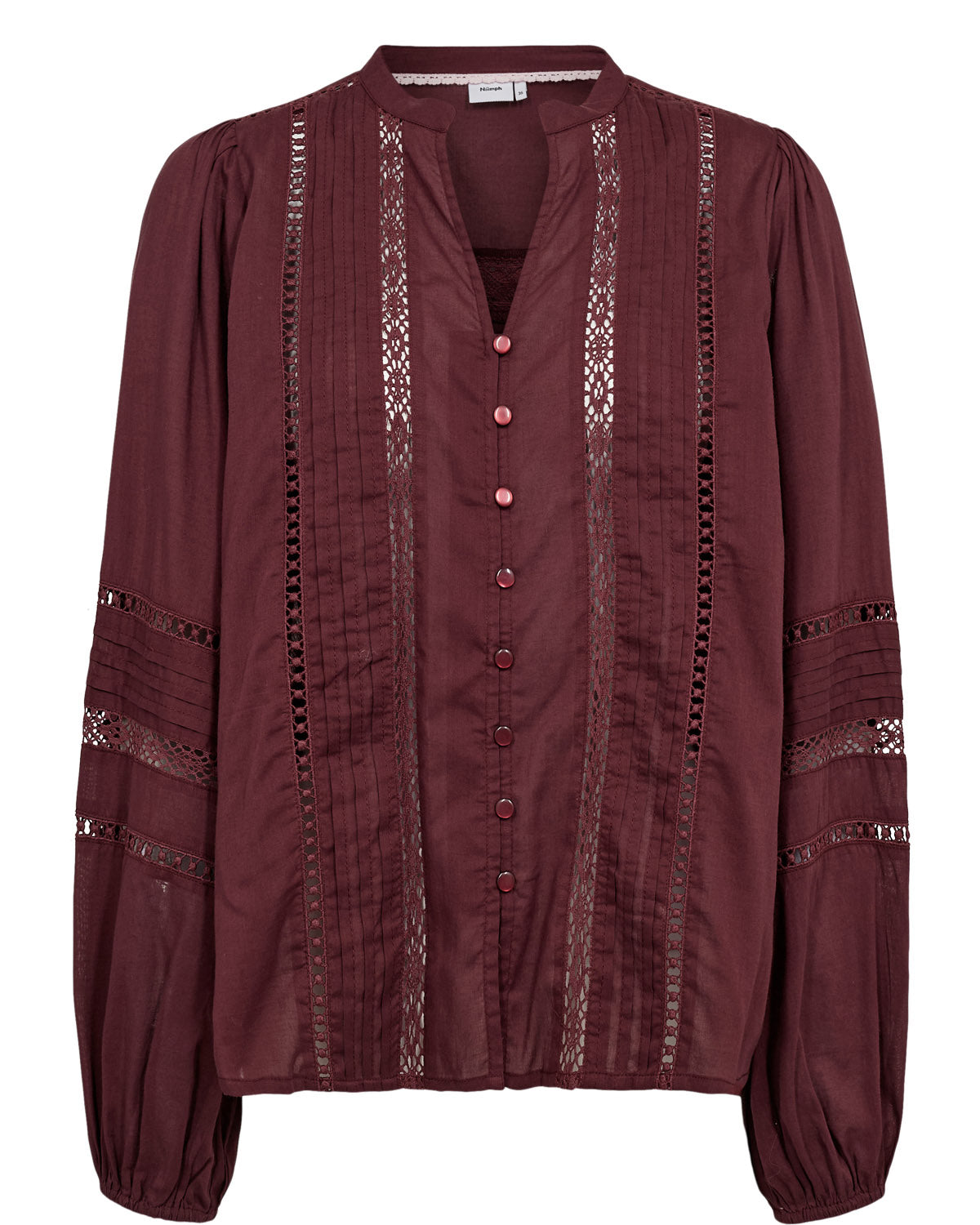  NUSanna shirt which has a notch neck , cut out detailing at the front long sleeves with elasticated cuff and cut out detail on the sleeve too 